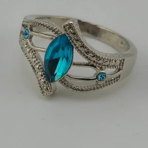 Sterling Silber 925 Ring blaue Marquise Edelstein verziert Vintage Stil Gr. 8,5 - Bild 1 von 4