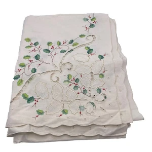 Vtg Lenox Linens  Christmas Table Cloth 16’ x 21’ Holly Embroidery 100% Cotton - Picture 1 of 3
