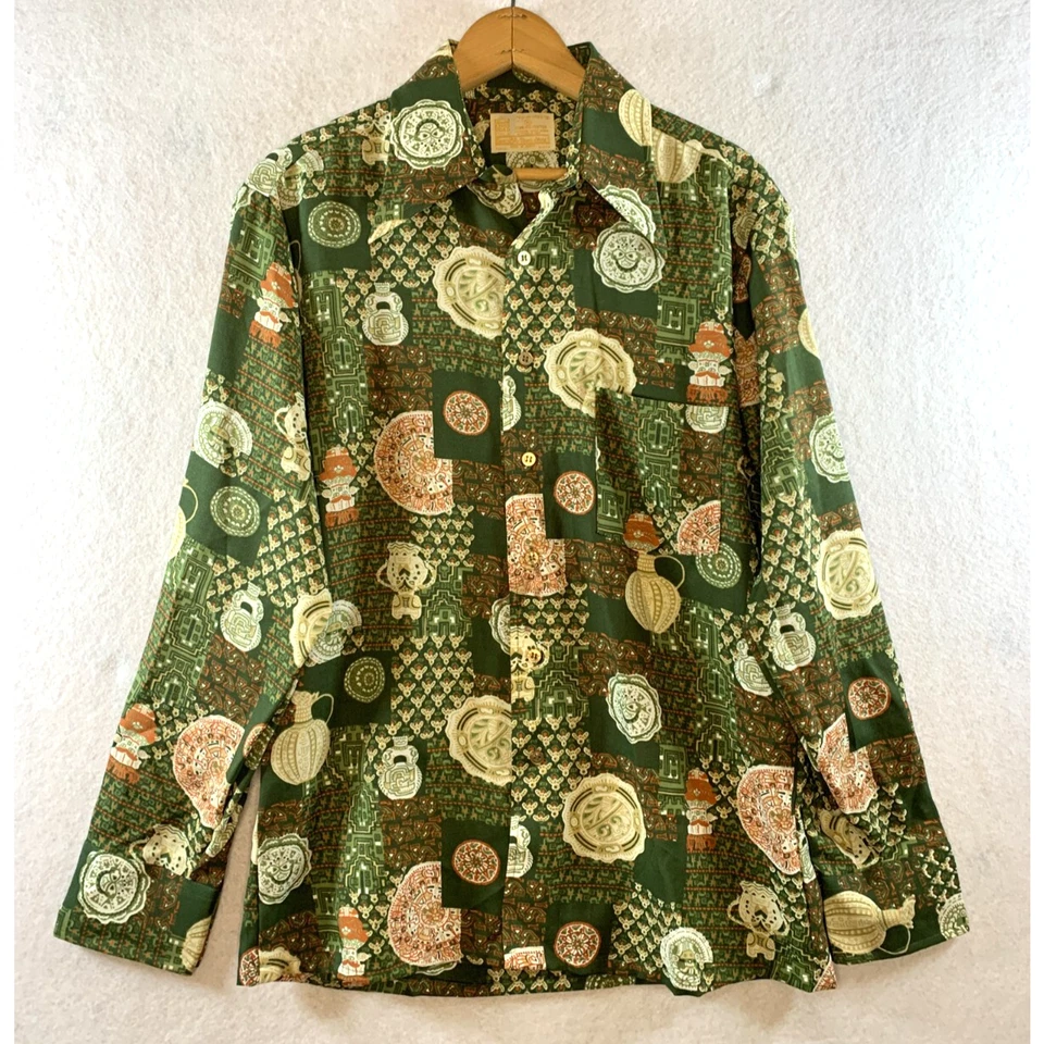 Camisa De Colección Años 70 Sears Para Hombres Estampado Tiki Talla M Art Deco Daggar Grunge Rockabilly Disco Foto 1 de 4