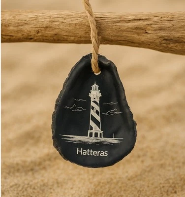 Laser Engraved Cape Hatteras Lighthouse Oyster Shell Beach Art and Nautical Gift - Image 1 of 4