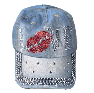 Strass LOVE Glitzer Nieten Denim Jeans Damen Baseball Kappe Mütze rote Lippen Y2K - Bild 1 von 4