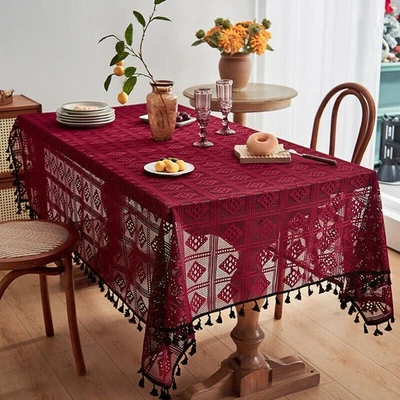 Vintage Burgundy Hand Crochet Lace Tablecloth Table Cloth Cover Wedding Party - Image 1 of 4