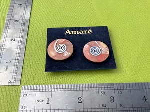 ORECCHINI RETRO ANNI 80 VINTAGE AMARE pesca MADRE PERLA argento clip a vortice nuovi - Foto 1 di 11