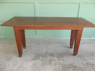 Rare Hand Made Antique Vintage Primitive Rustic Pine Farm Table w/ Metal Casters - Image 1 of 4