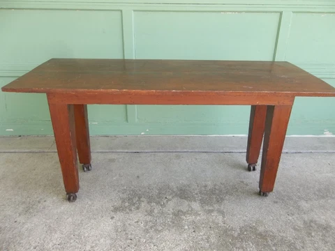 Rare Hand Made Antique Vintage Primitive Rustic Pine Farm Table w/ Metal Castors Cover