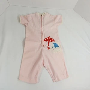 Vintage Cherubs Pink One Piece Romper Elephant Umbrella Baby Doll Clothes - Picture 1 of 12