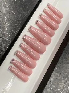 🔥CUSTOM Gel Press On False Nails, PINK FRENCH BLING, 10 P Set w FULL KIT NEW - Picture 1 of 7