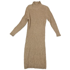 M&S Collection Wool Blend Camel Midi Dress Ribbed Long Sleeve Size UK 14 - Picture 1 of 10