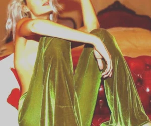NWT BOHO MOSS GREEN STRETCH Womens XL 14 Retro Velvet Bell Bottoms Festival - Picture 1 of 1