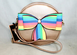 NWT DIOPHY Rose Gold Faux Leather Round Crossbody w/ Rainbow Stripe Bow PRIDE