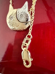 Ciondolo Gatto Diamante Oro Giallo 14K Naturale .04CT G/VS1 Catena Oro 14K 16" -NUOVO - Foto 1 di 12
