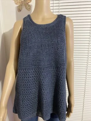 ANN TAYLOR Top Blouse Crochet Sleeveles 100% Linen Size LT Women's  Blue Color - Image 1 of 4
