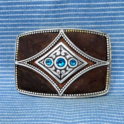 Western Star Belt Buckle Leather Inlays Scroll & Blue Rhinestones Vtg 90s.TYC675 - Image 1 of 4