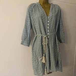 ZARA Powder Blue Embroidered Boho Tunic Dress Size S Oversized Fit Tassel Belt - Picture 1 of 6