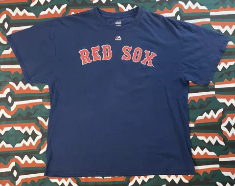 Boston Red Sox Shirt Mens XL Blue Dustin Pedroia Majestic Jersey MLB *Small Hole Cover