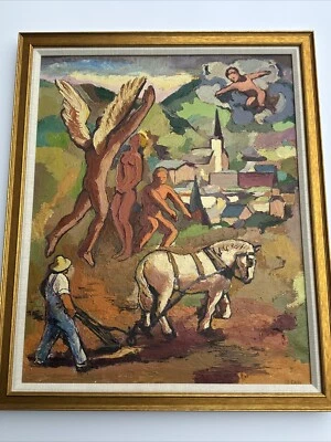 Pintura antiga Jo Cain WPA Agricultura LISTA INDUSTRIAL ÓLEO REGIONALISMO AMERICANO - Imagem 1 de 4