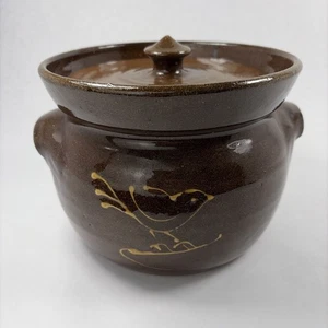 Crock Red Ware Brown Albany Glaze Stoneware Pottery W/Painted Bird - Signed - Bild 1 von 7