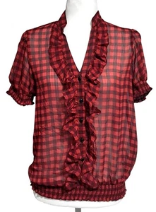 Blusa Y2K Roja y Negra a Cuadros Transparente Volantes Manga Corta Botón Frontal Elástico - Imagen 1 de 5