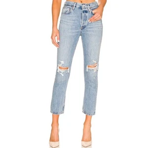 Agolde Riley distressed knees button fly high waisted blue jeans, size 25 - Picture 1 of 15
