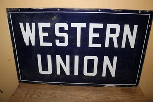 Authentisches Vintage 1930er Western Union Telegramm 2-seitiges 30"x18" Porzellanschild - Bild 1 von 13