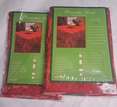 Tablecloth Poinsettia Scroll Printed Oblong Winter Holiday 60" X 104" Lot Of 2 - Image 1 of 4