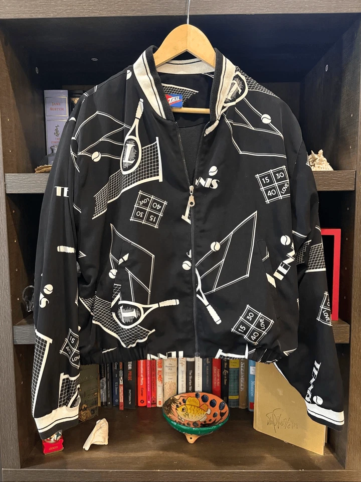 Vintage Tail 90s Black & White Tennis Novelty Printed Windbreaker Jacket Medium - Image 1 of 4