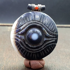 Antique tibetan himalayan carving agate beads pendant with sterling silver hook - Picture 1 of 10