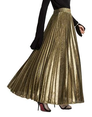 Women's Premium Metallic Shiny Shimmer Accordion Pleated Long Maxi Skirt Gold - Image 1 of 4