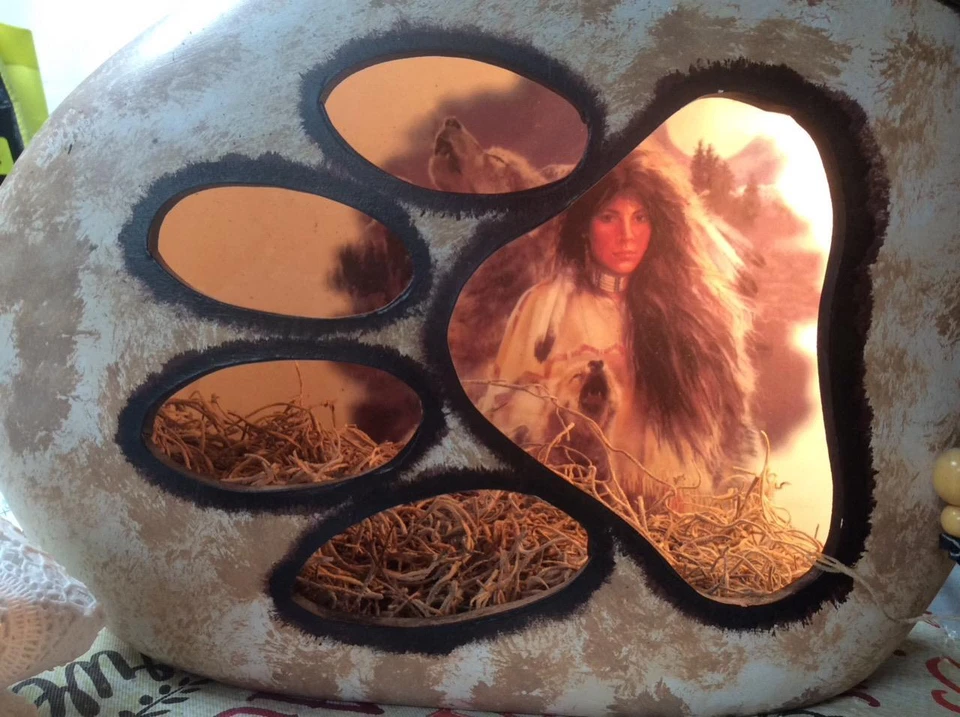 Tan Wolf paw print Indian Squaw scene w/ light  Ceramic Shadow Box w/extras - Image 1 of 1