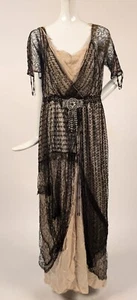 EDWARDIAN EXTRA HEAVY BLACK JET BEAD EVENING DRESS W RHINESTONE FRONT - AS ACQ - Picture 1 of 9