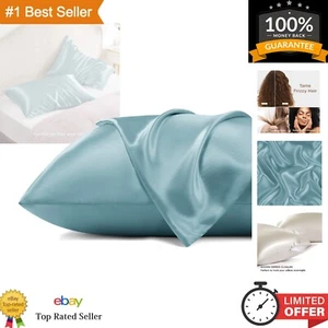 Gift-Worthy Queen Size Satin Pillowcase Set - 2 Zippered Covers in Grey Blue - Picture 1 of 8