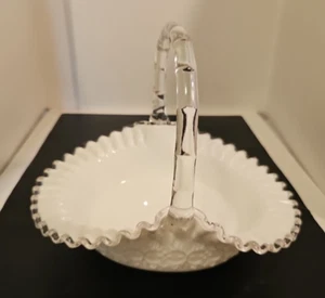 Fenton (unmarked) Milk Glass Silver Crest Crimped Spanish Lace 10.5" Oval Basket - Picture 1 of 7