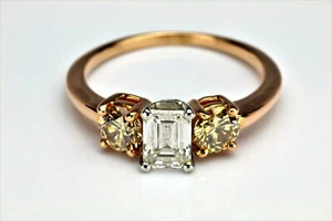 1.04ct Emerald Cut 1.06ct Round Diamond 3-stone 18K Gold PLAT Engagement Ring - Picture 1 of 9