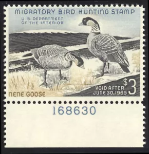US RW31 $3 Hunting Permit Stamp 1964 Hawaiian Nene Geese plate single Fine NH - Picture 1 of 2