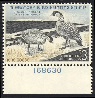 US RW31 $3 Hunting Permit Stamp 1964 Hawaiian Nene Geese plate single Fine NH - Image 1 of 2