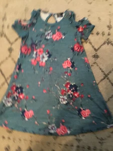 Girls Pink & Violet Dress Cold Shoulder Turquoise Blue Floral Dress M 7/8 Used - Picture 1 of 3
