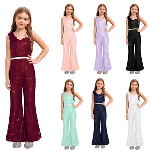 Girls One Shoulder Jumpsuit Sequin Sleeveless Flare Leg Long Romper High Waist - Picture 1 of 74