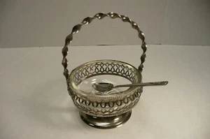 Vintage englische Glasmarmelade Gelee Zucker Gewürz Schüssel Silberteller Korb & Löffel - Bild 1 von 9