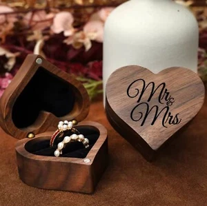 MR & MRS PRE-ENGRAVED HEART SHAPE SOLID WOOD RING BOX FOR WEDDINGS PROPOSALS NEW - Picture 1 of 3