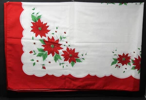 Vintage Christmas Tablecloth  Poinsettias Red White 53" x 70" Mid Century Design - Picture 1 of 5
