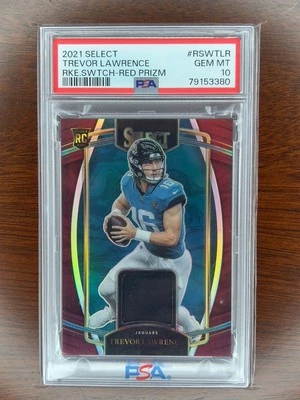 Trevor Lawrence 2021 Panini Select RC #RSW-TLR Rookie Swatch - Red Prizm PSA 10 - Image 1 of 2