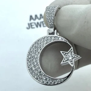 Real 925  Solid Sterling Silver Cubic Zirconia Crescent Moon Star Pendant - Picture 1 of 5