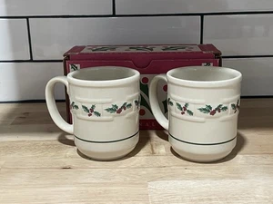 Longaberger Pottery Traditional Holly Mugs Set of 2 Vintage 31402 Coffee Tea - Picture 1 of 8
