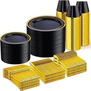 WELLIFE 600 PCS Black and Gold Disposable Dinnerware 100 Guests, Black/Gold  - Picture 1 of 9
