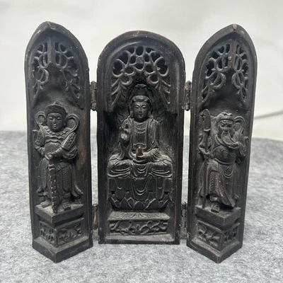 Tríptico budista chino vintage madera tallada portátil santuario altar Quan yin Foto 1 de 4