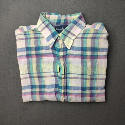 Ralph Lauren Shirt Mens Medium Plaid Linen Blake Short Sleeve Button Up Pastel - Image 1 of 4
