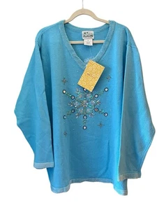 Womens NWT Quacker Factory Turquoise Snowflake V-Neck Sweater Winter Holiday 3X - Picture 1 of 8