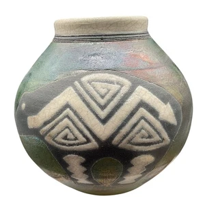 Ben Diller Raku Bear Vase With Native American Design 5.5"H x 5"W Handmade - Picture 1 of 9