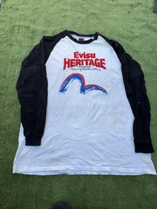 Evisu Heritage Shirt Mens Black White Long Sleeve Raglan Graphic OG - Picture 1 of 9
