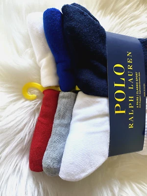 NWT Polo Ralph Lauren Navy White Red Gray Black Square Logo Crew Sock 6-Pack - Imagem 1 de 4